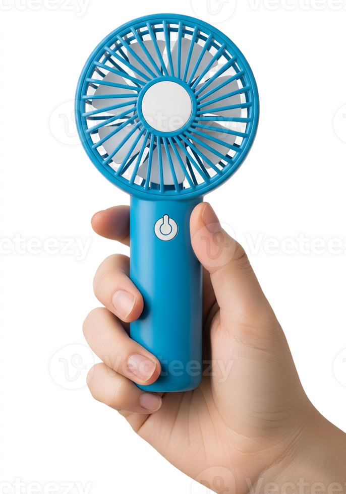 Handheld blue mini fan held in hand on transparent background, portable cooling device png