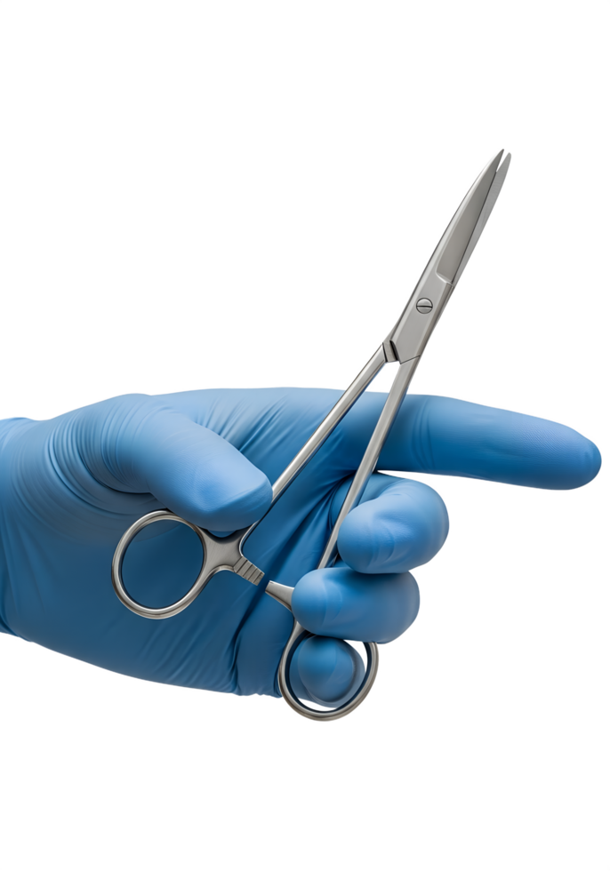 Surgical needle holder in blue gloved hand isolated on transparent background, medical tool png