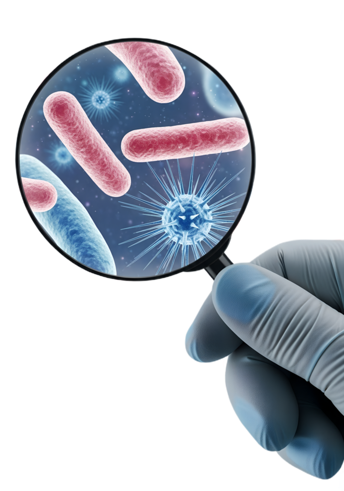 Microscopic view of bacteria and viruses under magnifying glass on transparent background png