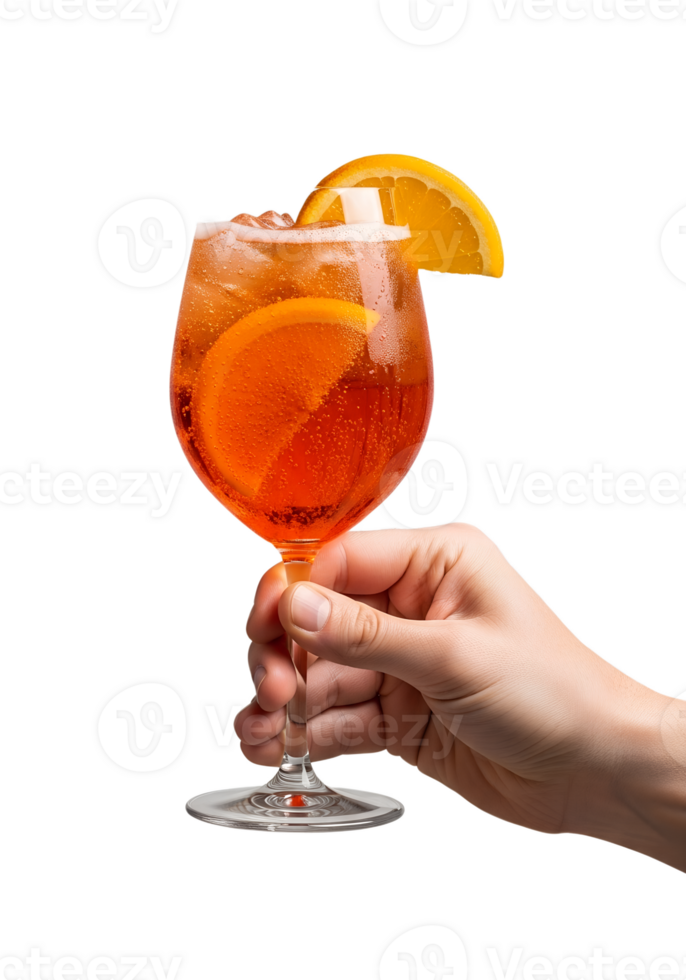 Hand holding aperol spritz cocktail with orange slice on transparent background, italian summer aperitivo png