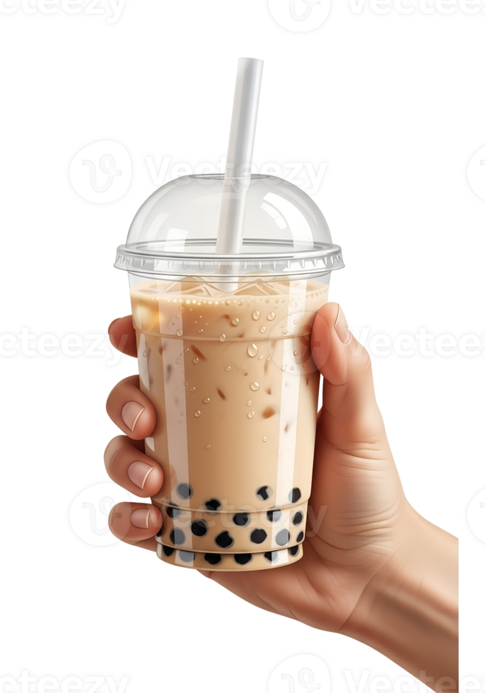 Hand holding cup of bubble tea with straw isolated on transparent background, boba drink with tapioca pearls png