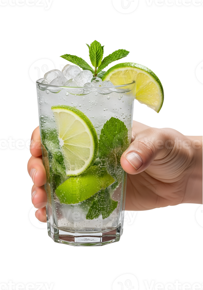 Refreshing mojito cocktail with lime and mint on transparent background, summer drink with ice cubes png