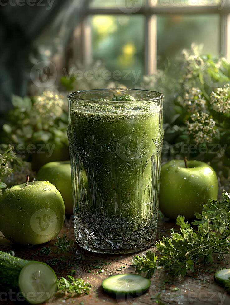 Fresh Green Smoothie with Apples and Cucumber on Wooden Table photo