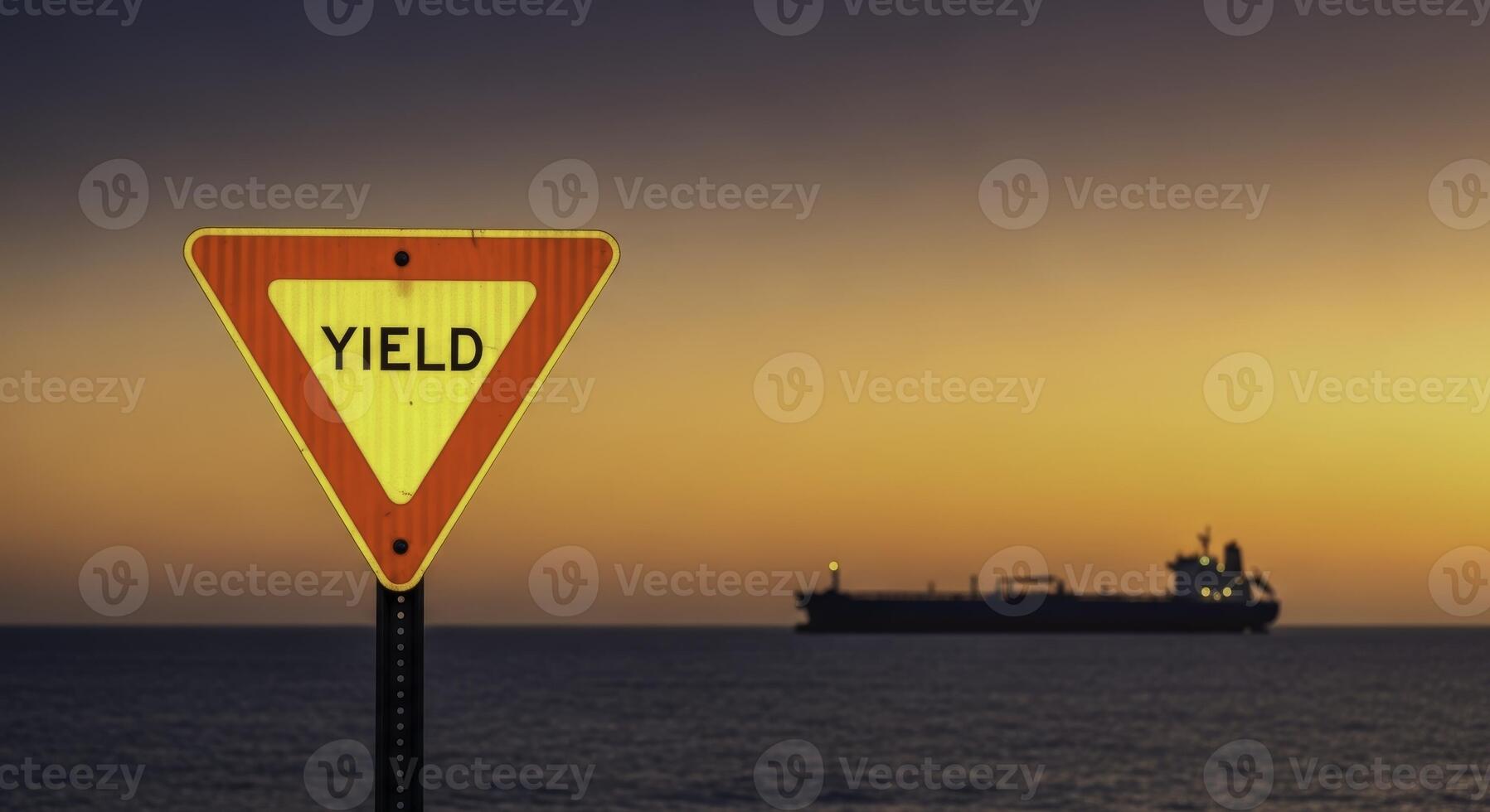 Vibrant yellow yield sign overlooking ocean and ship at golden sunset photo