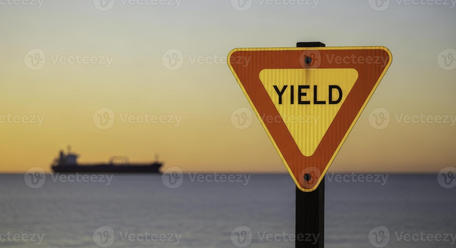 Bright yellow triangular YIELD sign on pole against calm ocean and sunset sky with ship photo