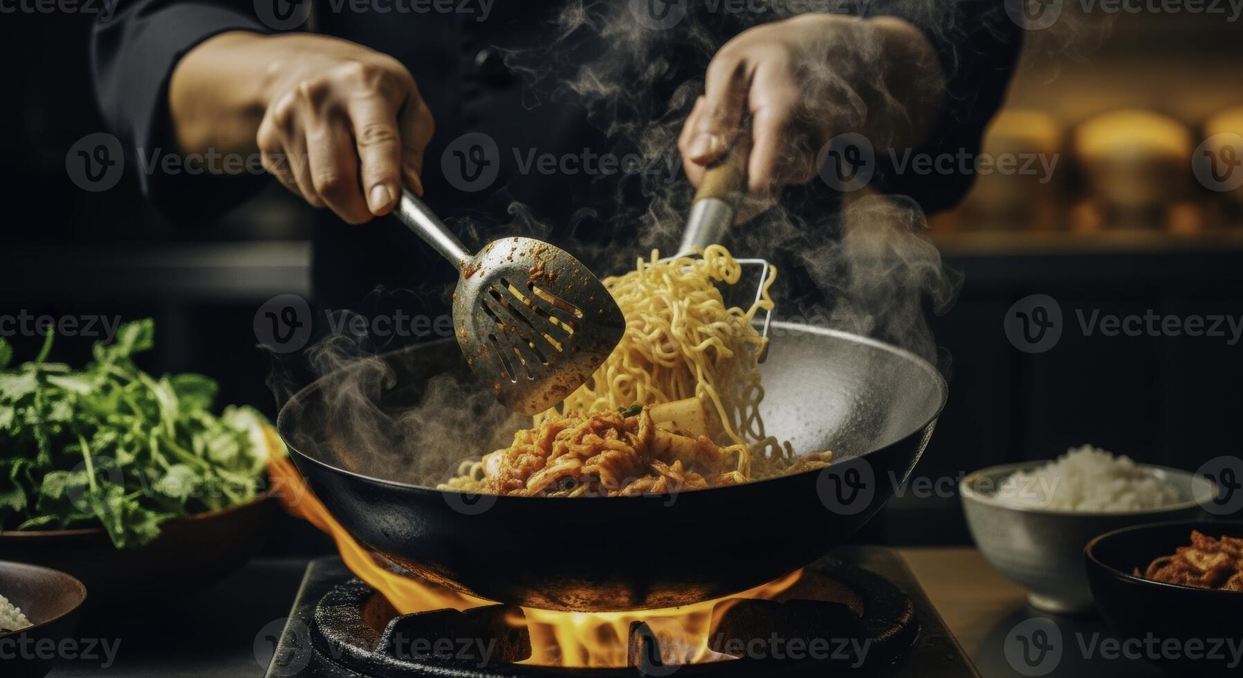 Professional chef stir frying noodles and kimchi in steaming wok over open flame photo