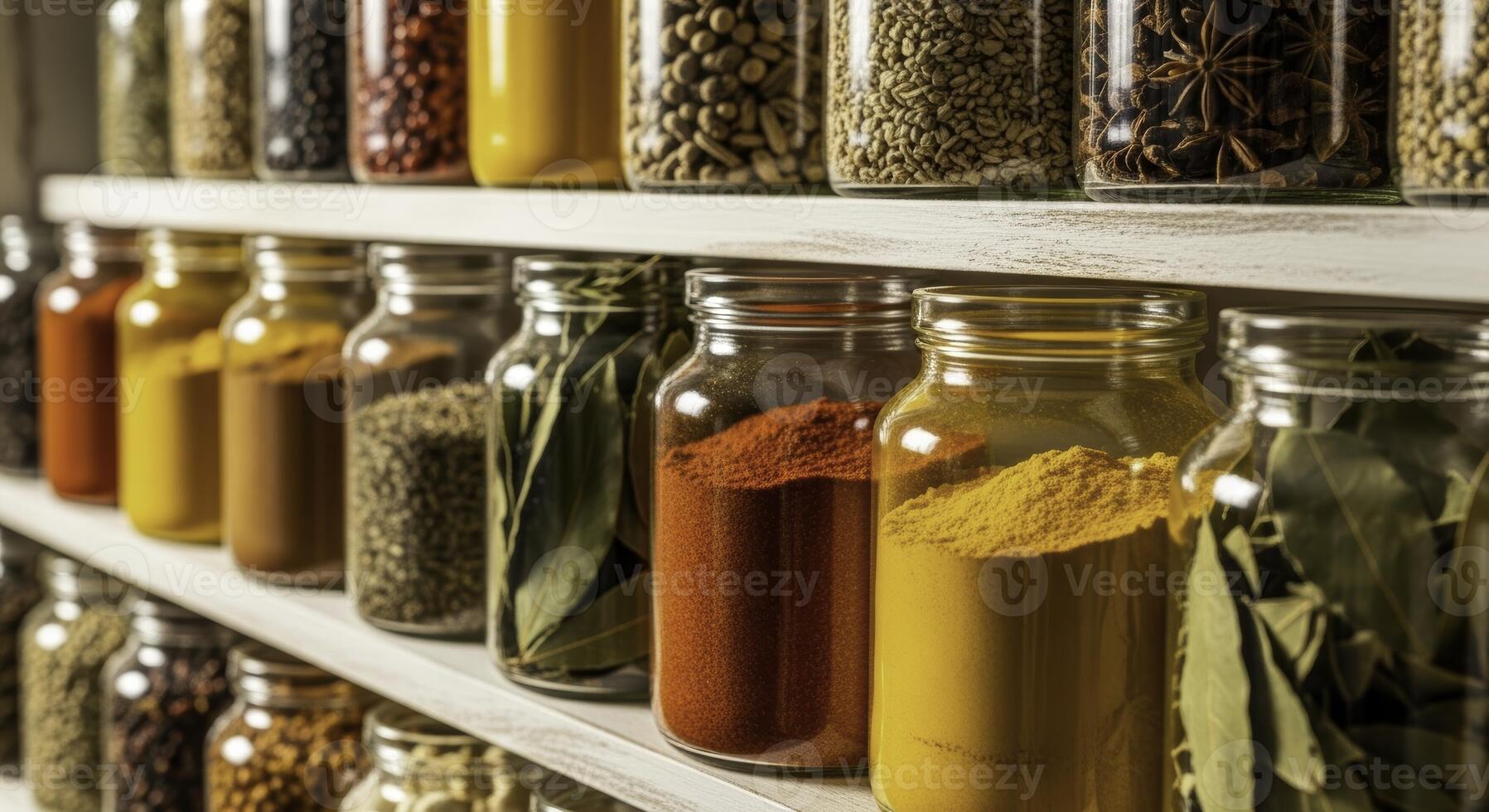 Close up view of colorful dried spices and herbs in glass jars on shelves photo
