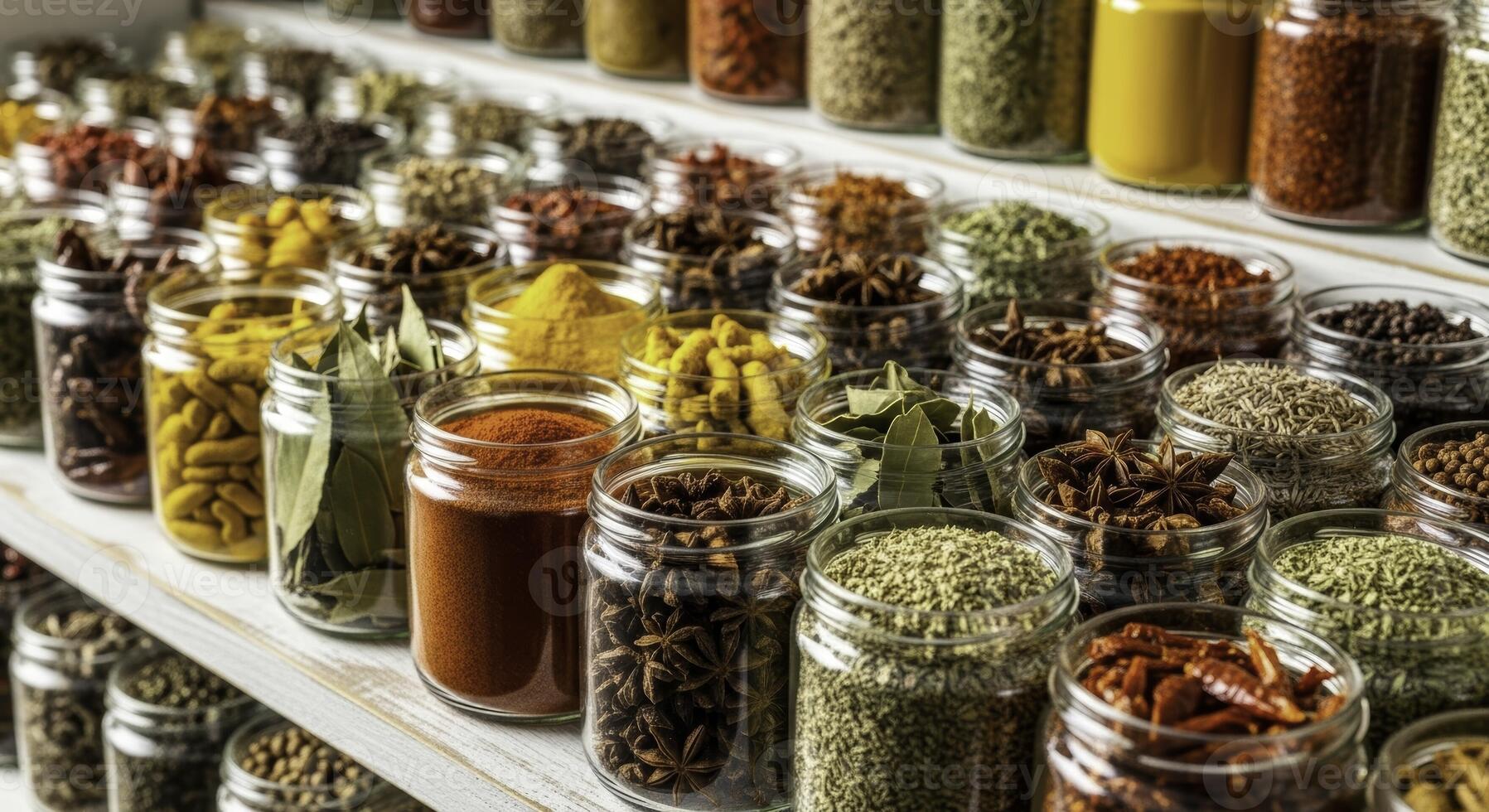 Close up of numerous clear glass jars filled with colorful dried spices and herbs on shelves photo