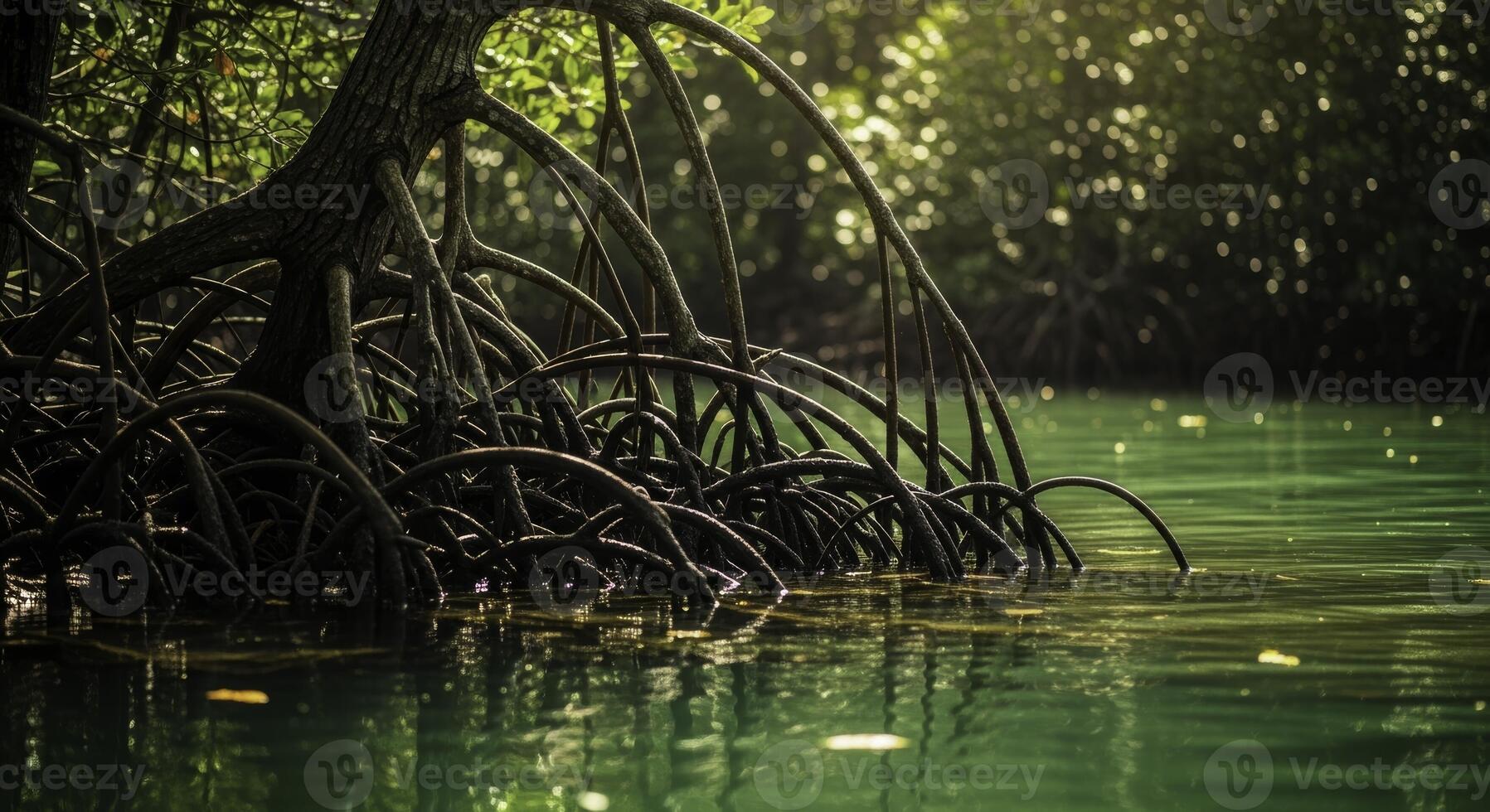 Intricate aerial root system of a mature mangrove tree emerging from calm emerald green water. photo