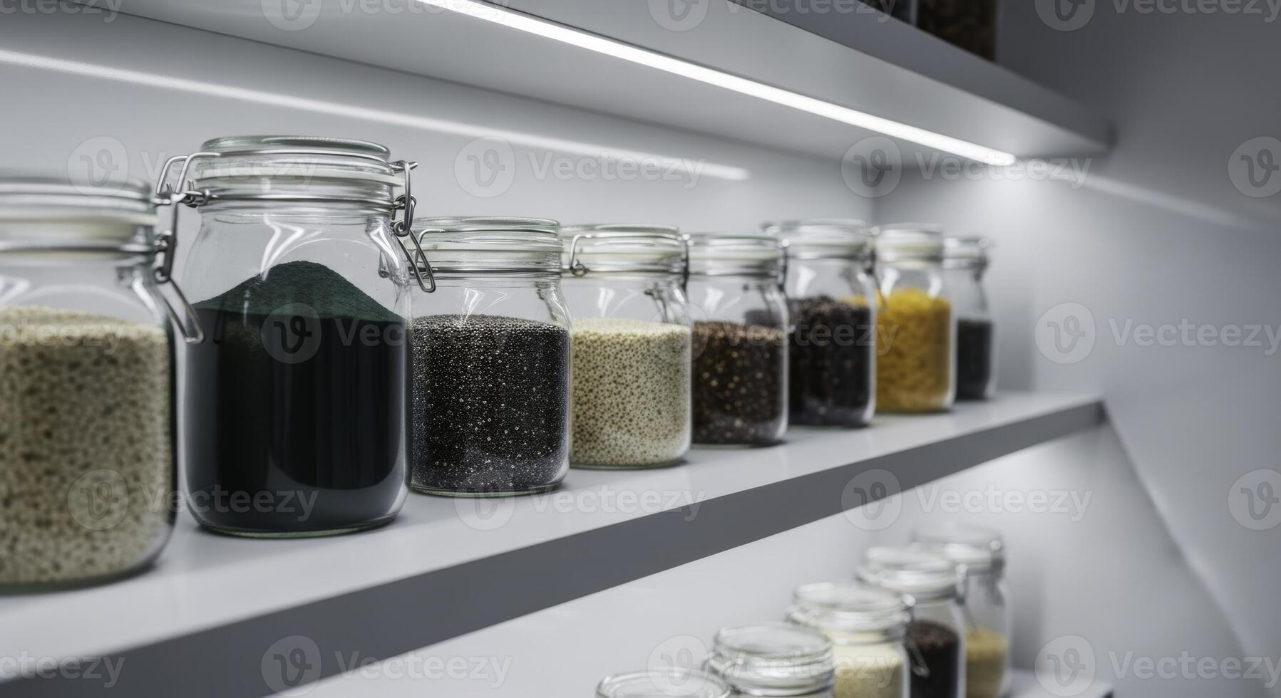 Modern pantry shelf with glass jars of superfoods and grains photo