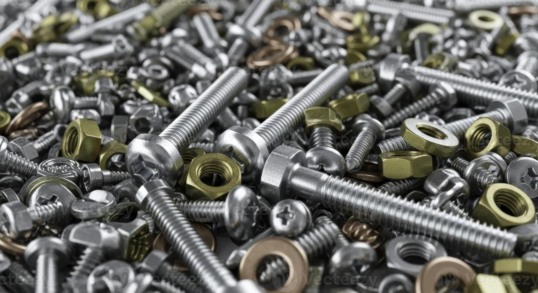 Close up of a large pile of assorted metal fasteners, bolts, nuts, and screws photo