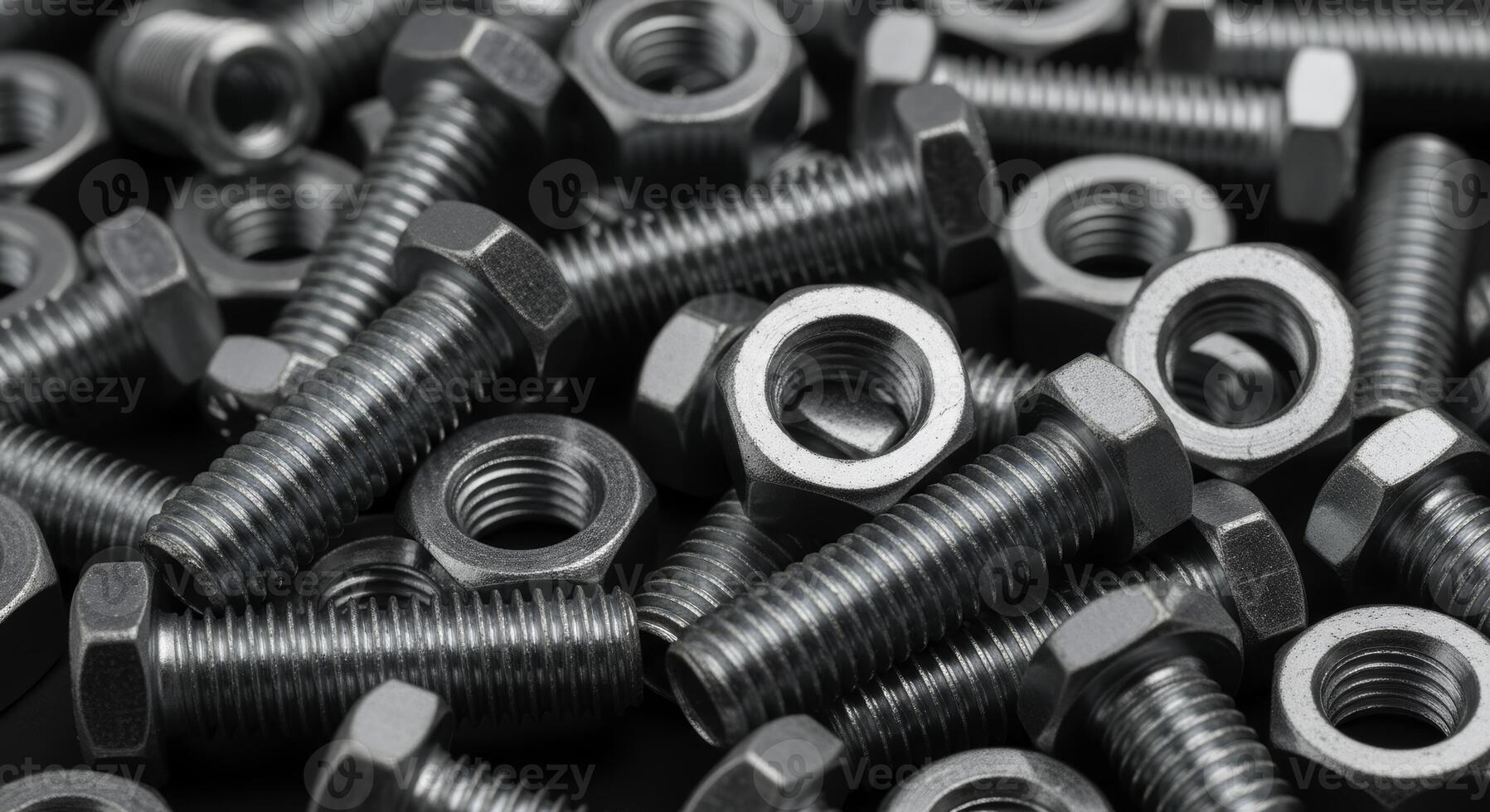 Close up of a large pile of polished silver steel nuts and bolts scattered photo