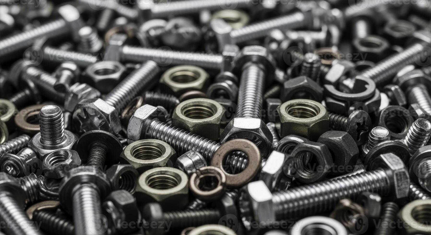 Industrial assortment of shiny metal bolts, nuts, washers, and screws photo
