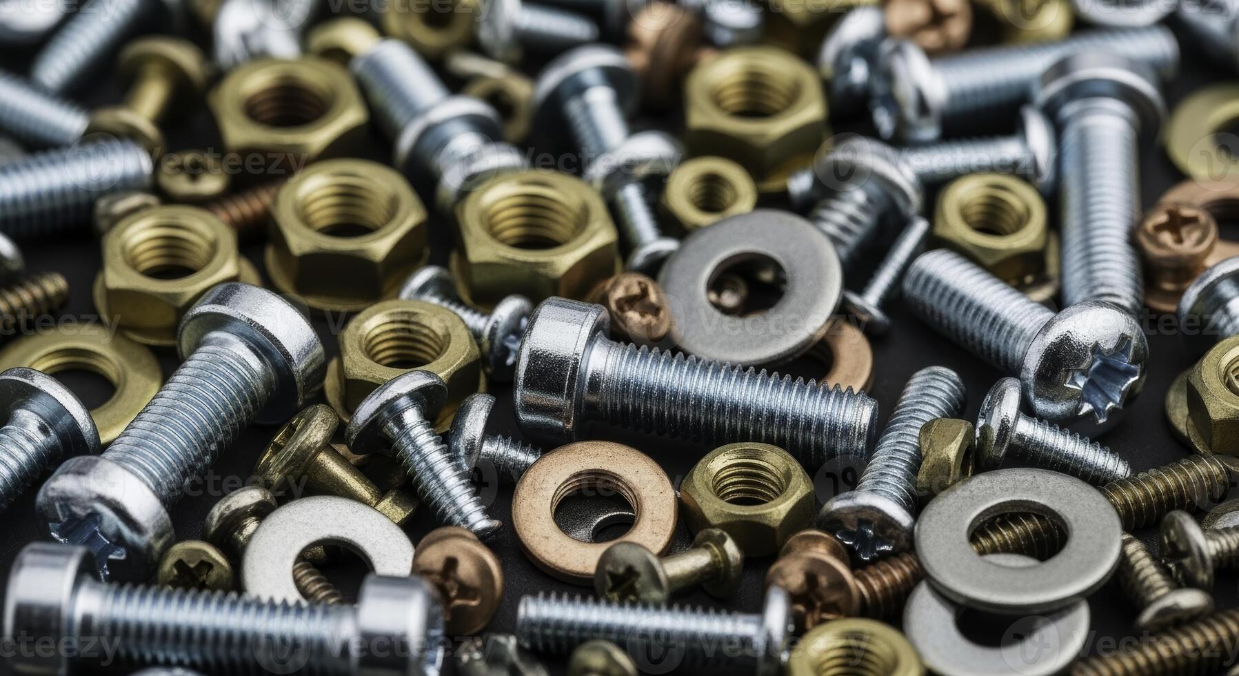 Close up of a large pile of assorted metal fasteners including bolts, nuts, washers, and screws photo