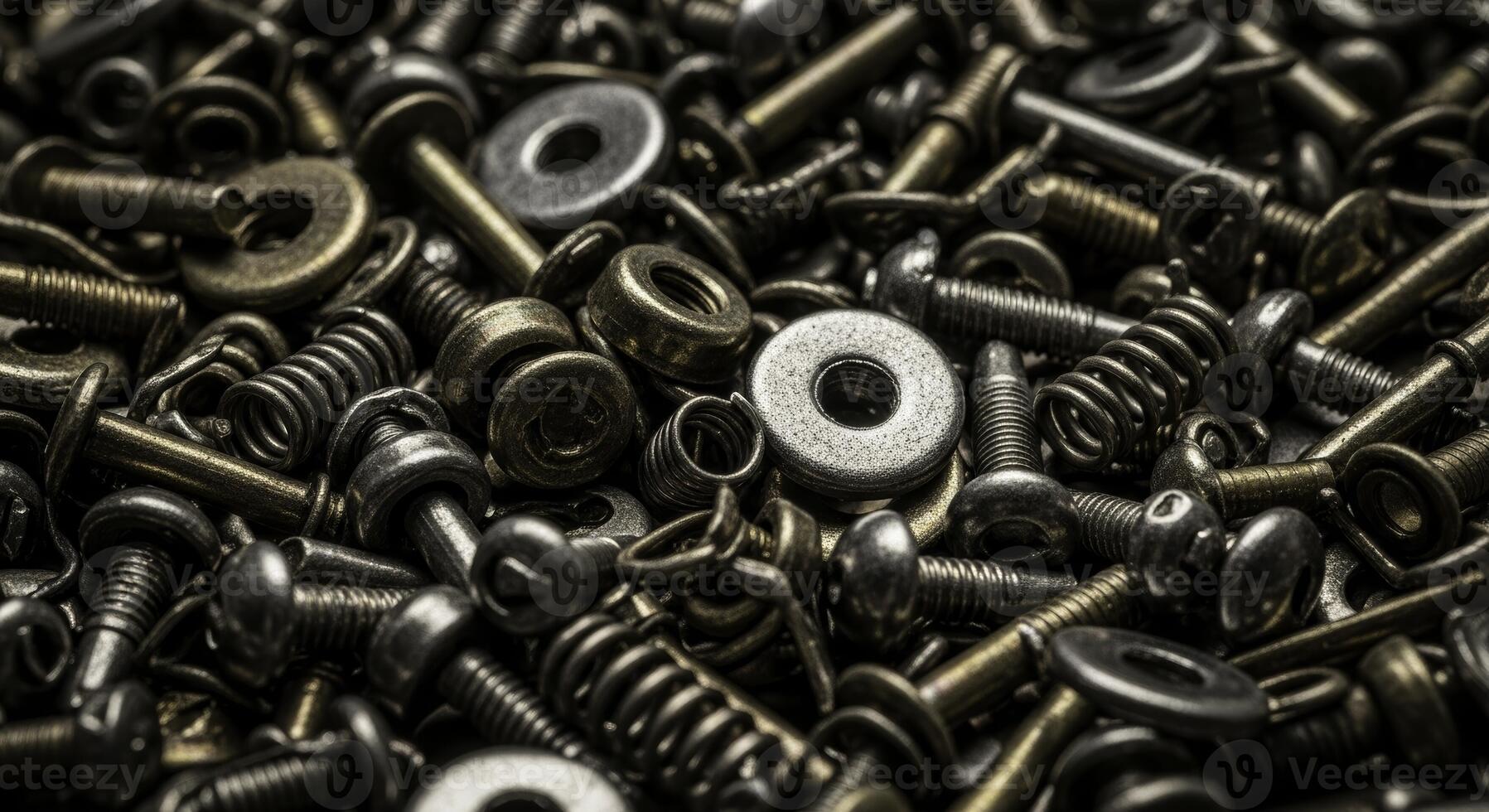 Close up of various metal screws, washers, nuts, and springs in a dense pile photo