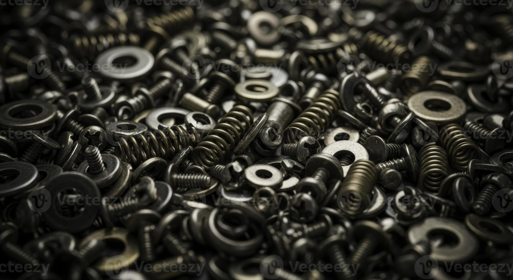 Detailed close up of industrial metal fasteners pile including screws washers and springs photo