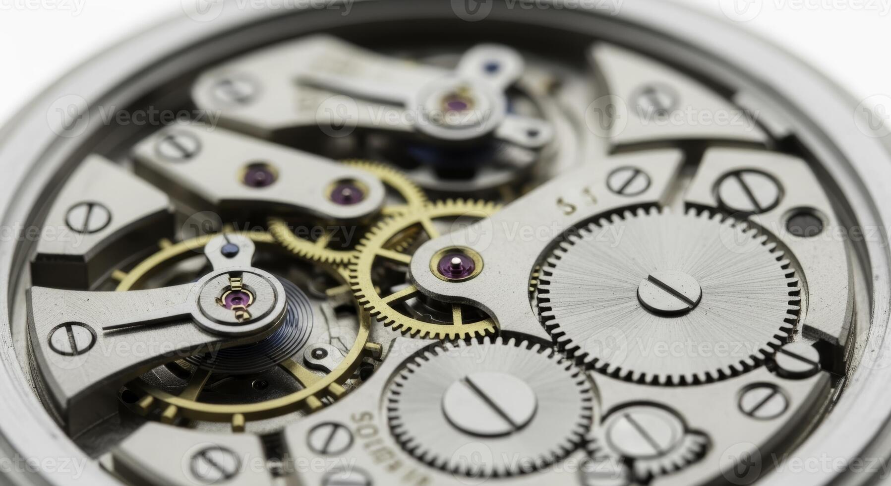 Detailed macro view of intricate mechanical watch movement with gears, cogs, and jewels photo