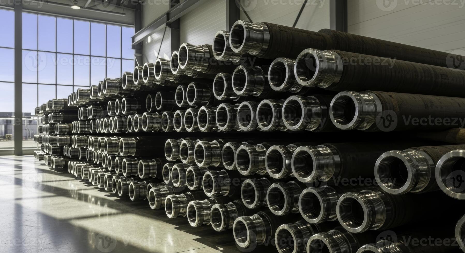 Large stack of industrial drilling pipes with shiny metal connections in a warehouse photo