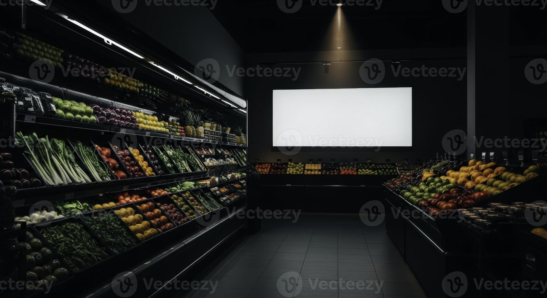 Dramatic high contrast grocery store aisle with fresh produce and blank advertising screen photo