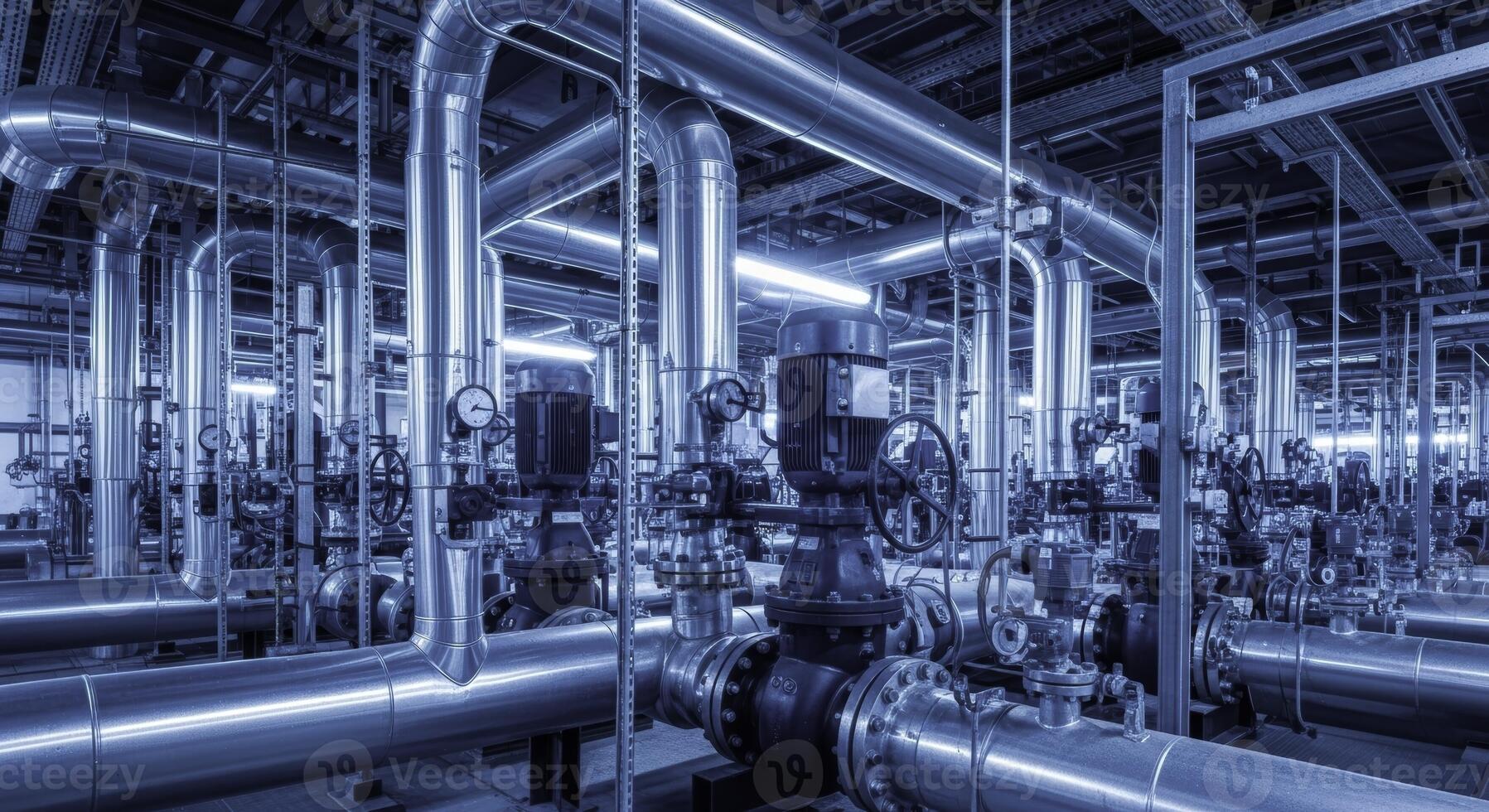 Complex network of large insulated steel pipelines and industrial valves inside a modern factory facility photo