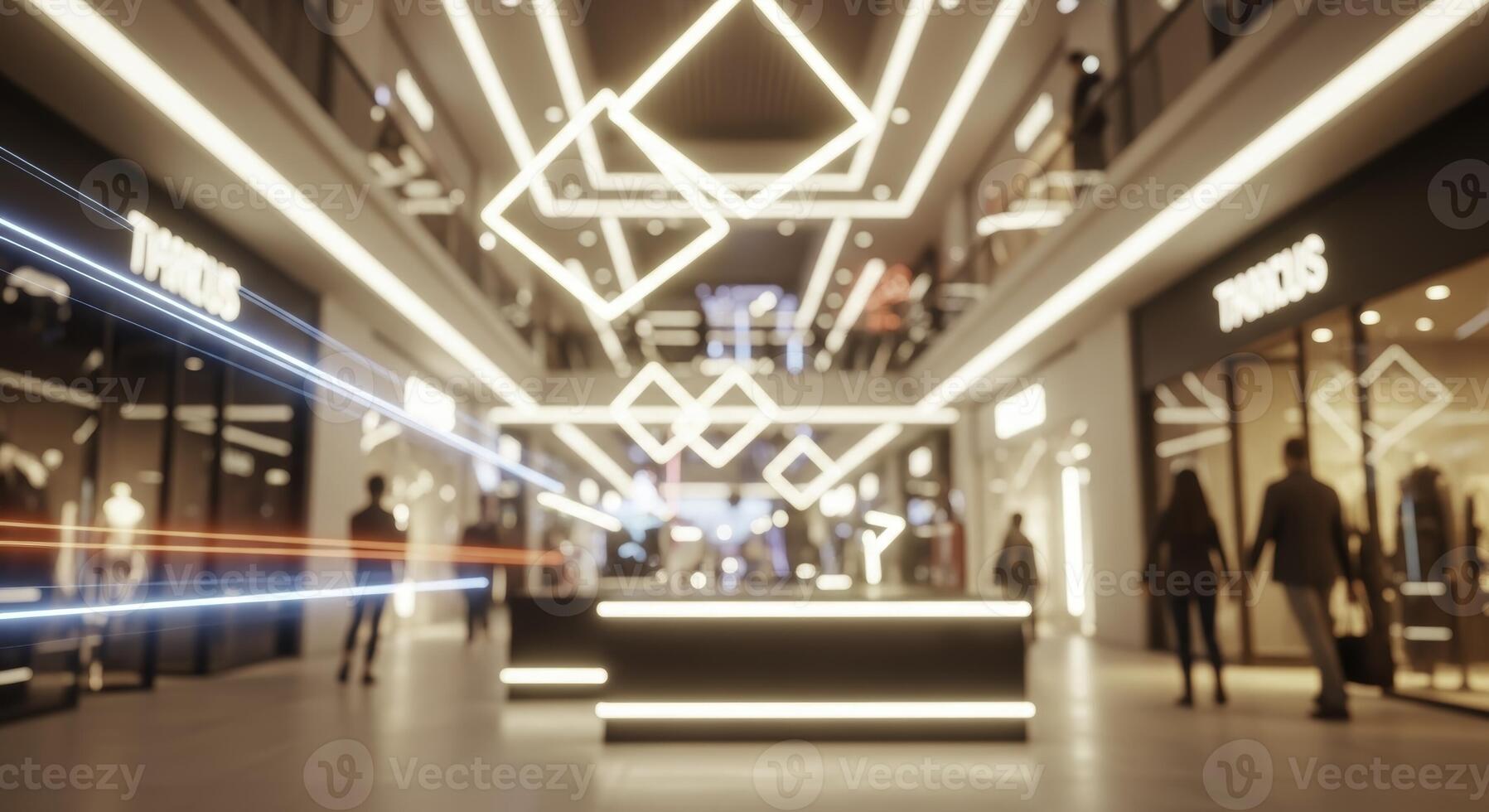 Futuristic shopping mall interior with glowing geometric light installations photo