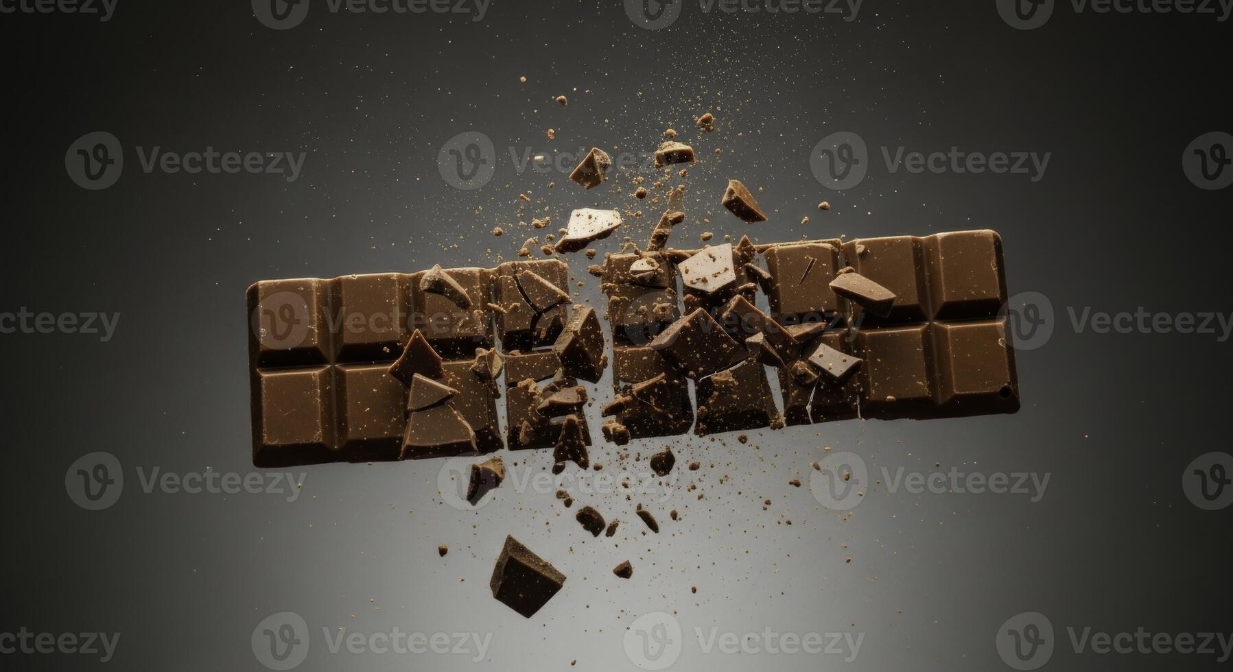 Dynamic high speed shot of a milk chocolate bar breaking into pieces photo