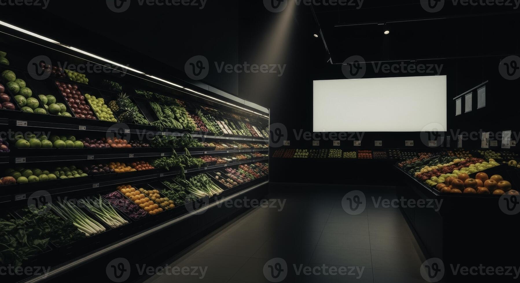 Empty modern grocery store produce aisle with dramatic lighting and blank display photo
