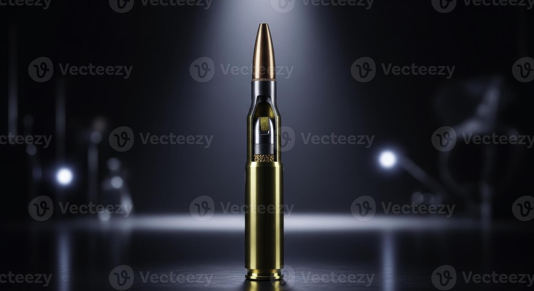 Dramatic close up of a dissected rifle cartridge revealing internal components photo