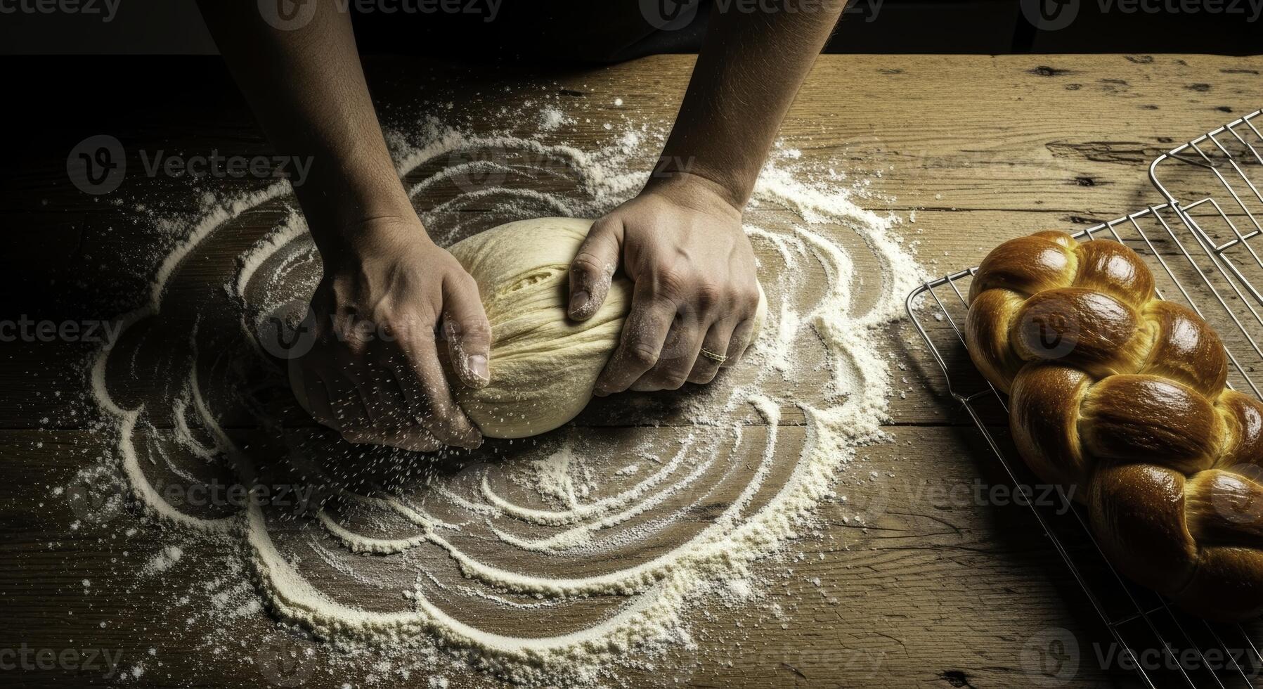Overhead view of baker hands kneading dough on wooden table with flour and freshly baked challah bread photo