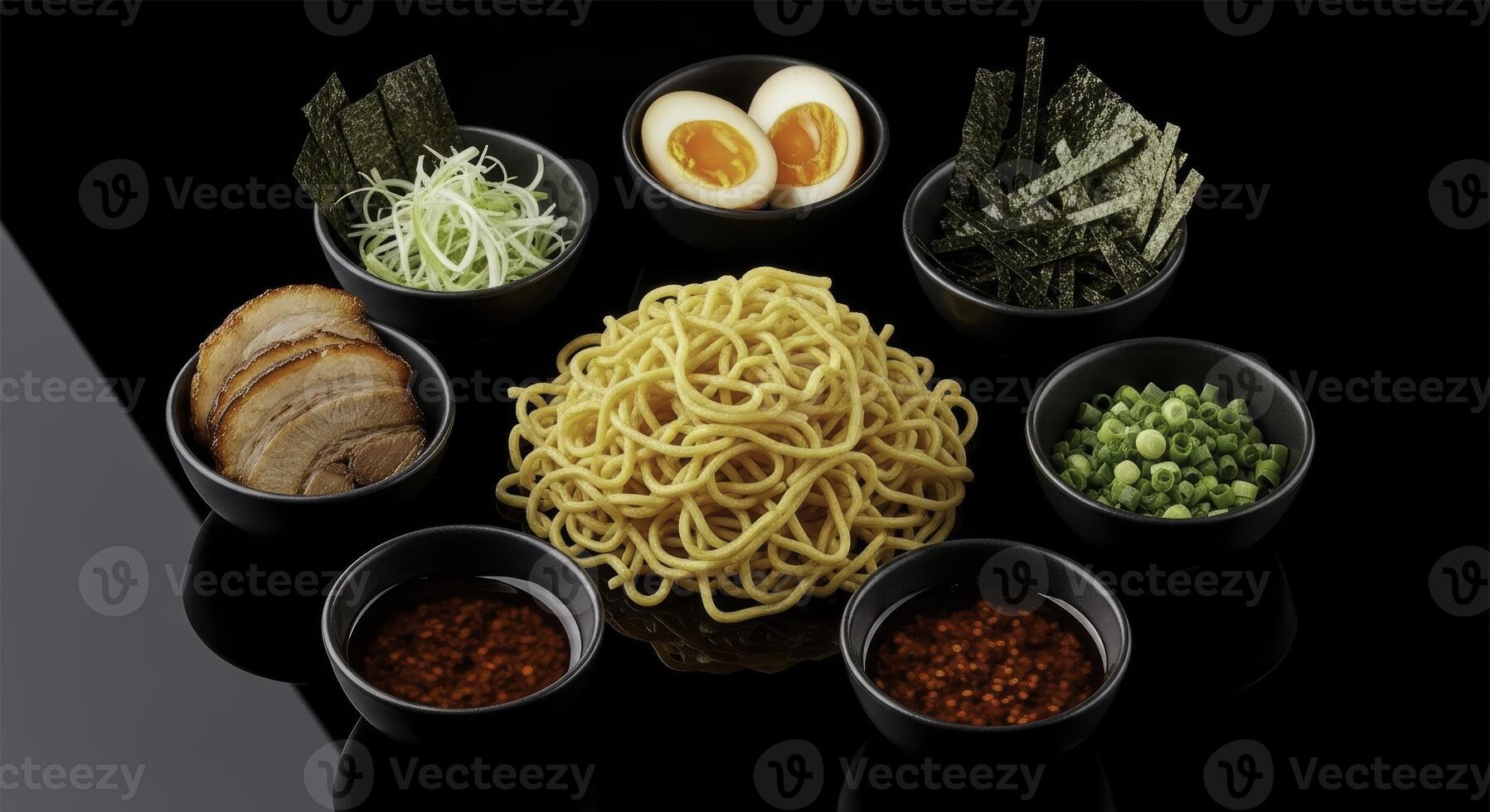Deconstructed ramen ingredients with noodles, pork, egg, and green onions on black photo