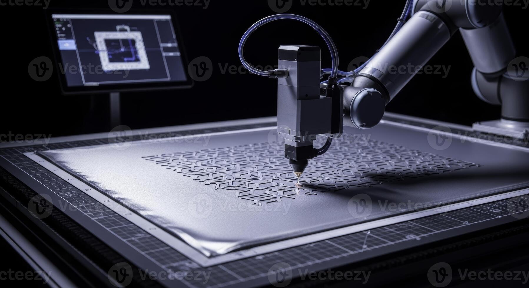 Advanced robotic arm precisely cutting intricate patterns into metallic sheet photo