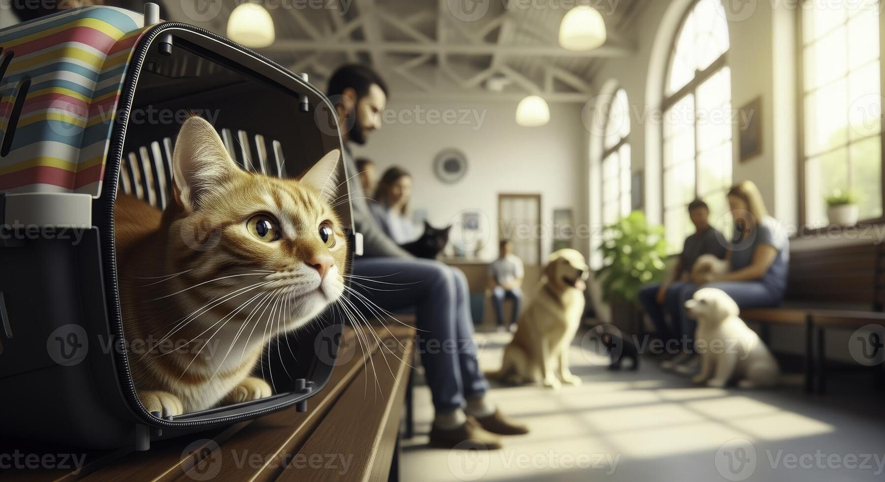 Curious ginger cat in pet carrier at veterinary clinic waiting room photo