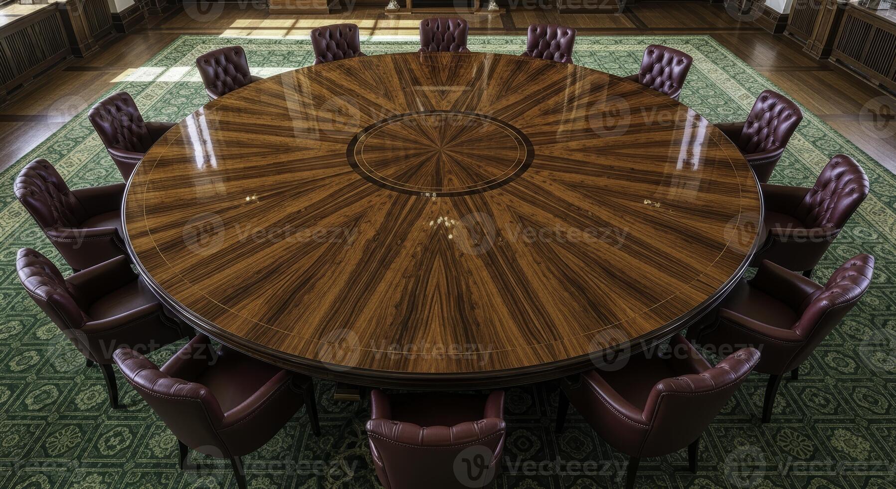Large circular polished mahogany wood meeting table with intricate design and chairs photo