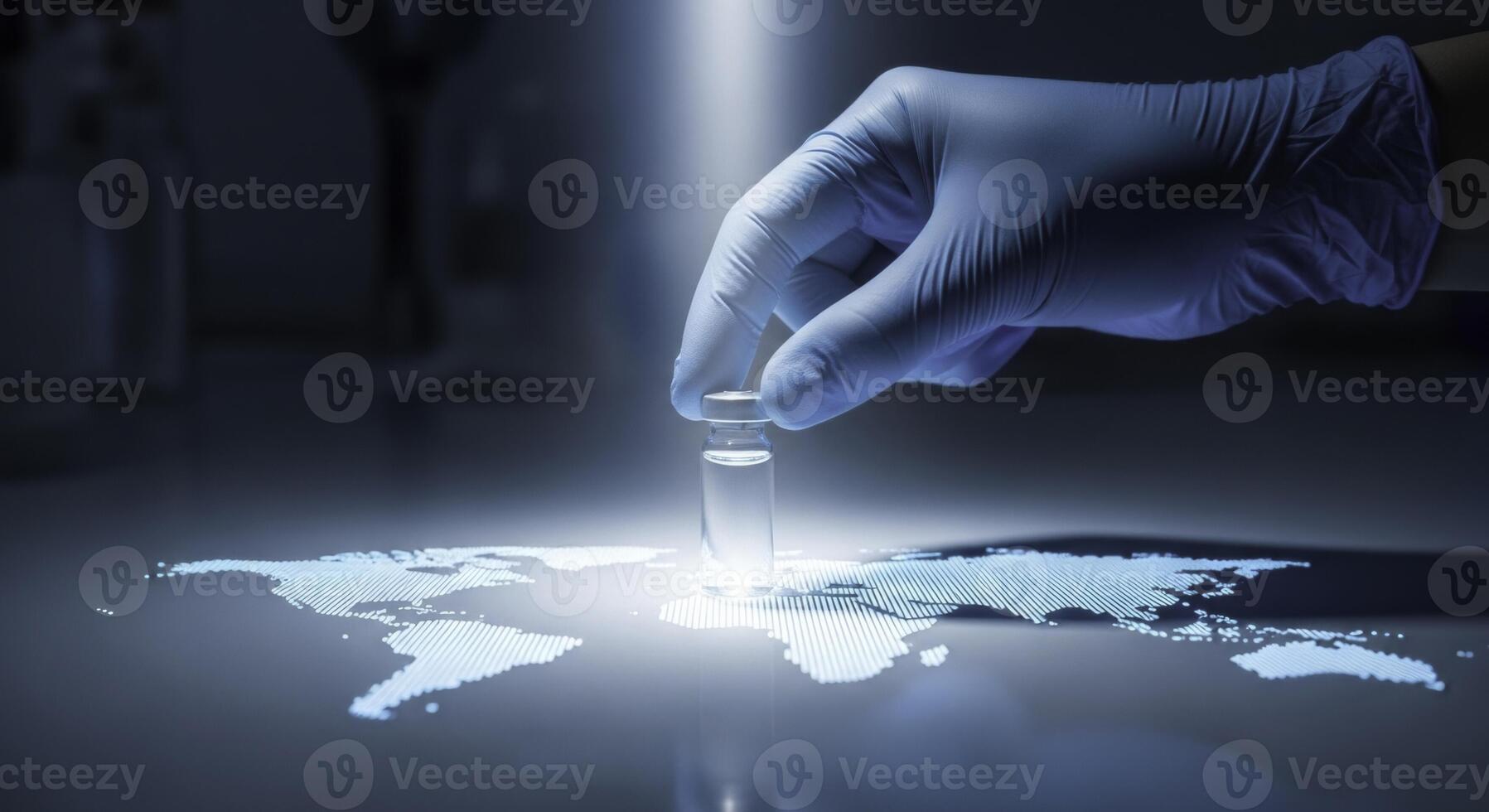 Gloved hand places vaccine vial on glowing world map for global health photo