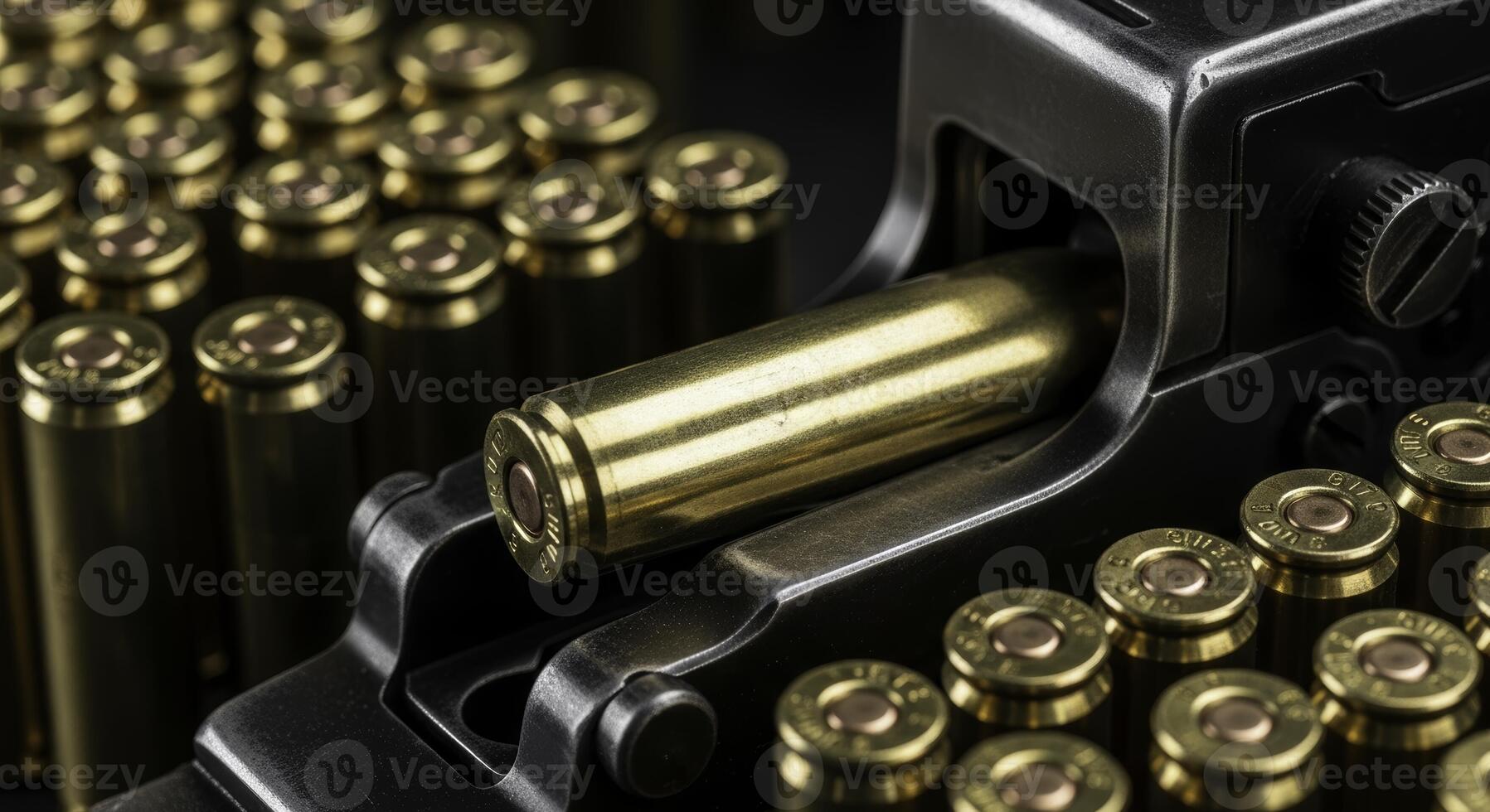 Close up of a brass machine gun cartridge being loaded into a firearm photo