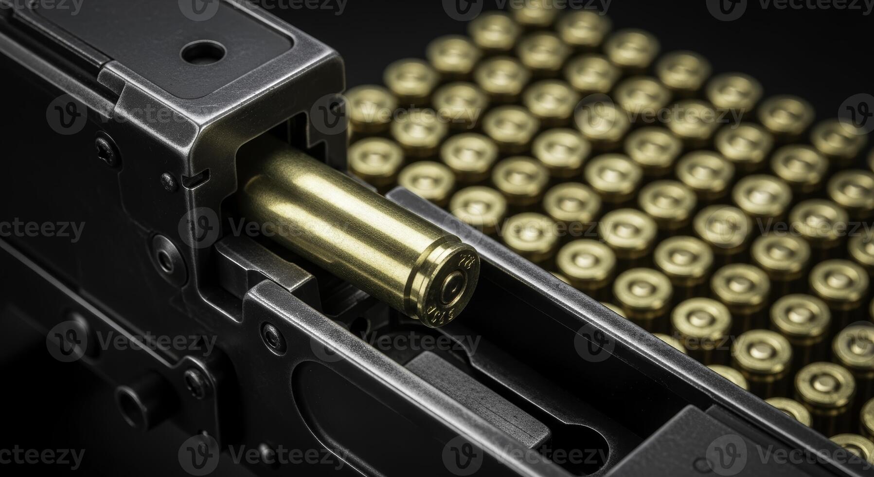 High detail close up of a machine gun chamber loading a brass bullet with ammunition. photo