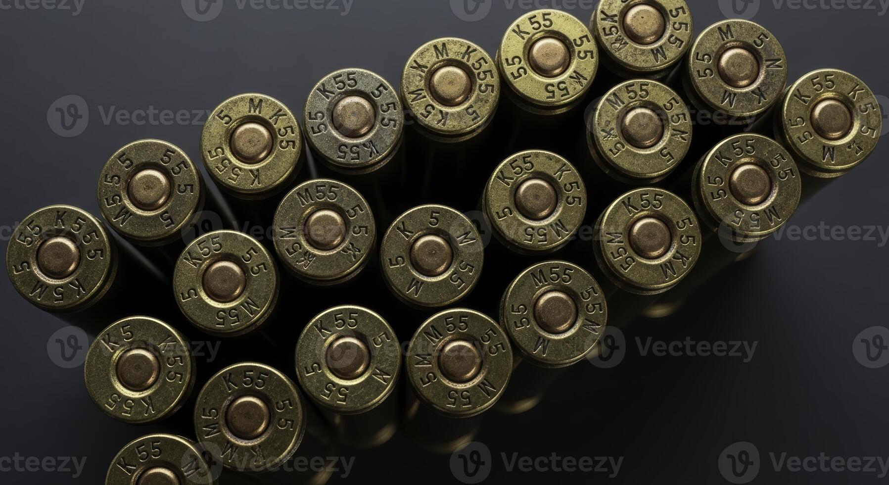 Close up top view of weathered brass machine gun cartridges and ammunition photo