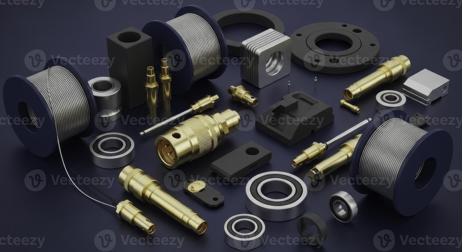 Detailed studio shot of diverse electronic and mechanical precision components photo