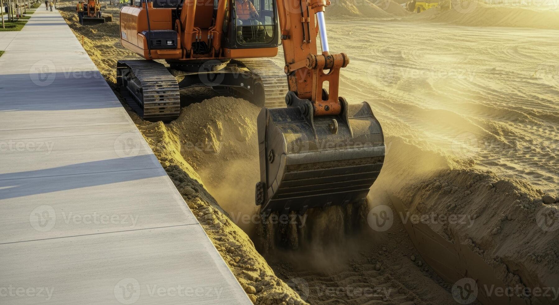 Vibrant orange excavator digging deep trench in sandy soil next to concrete path at construction site photo