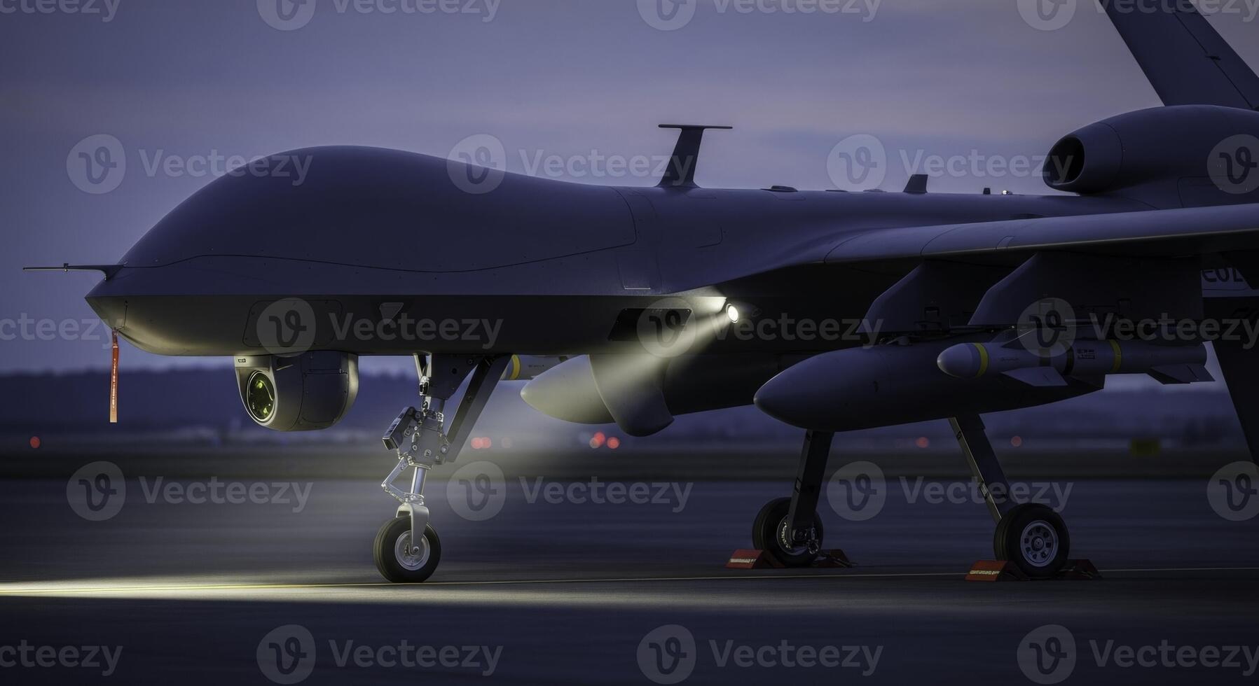 Modern military drone on airfield at dusk with landing lights on photo