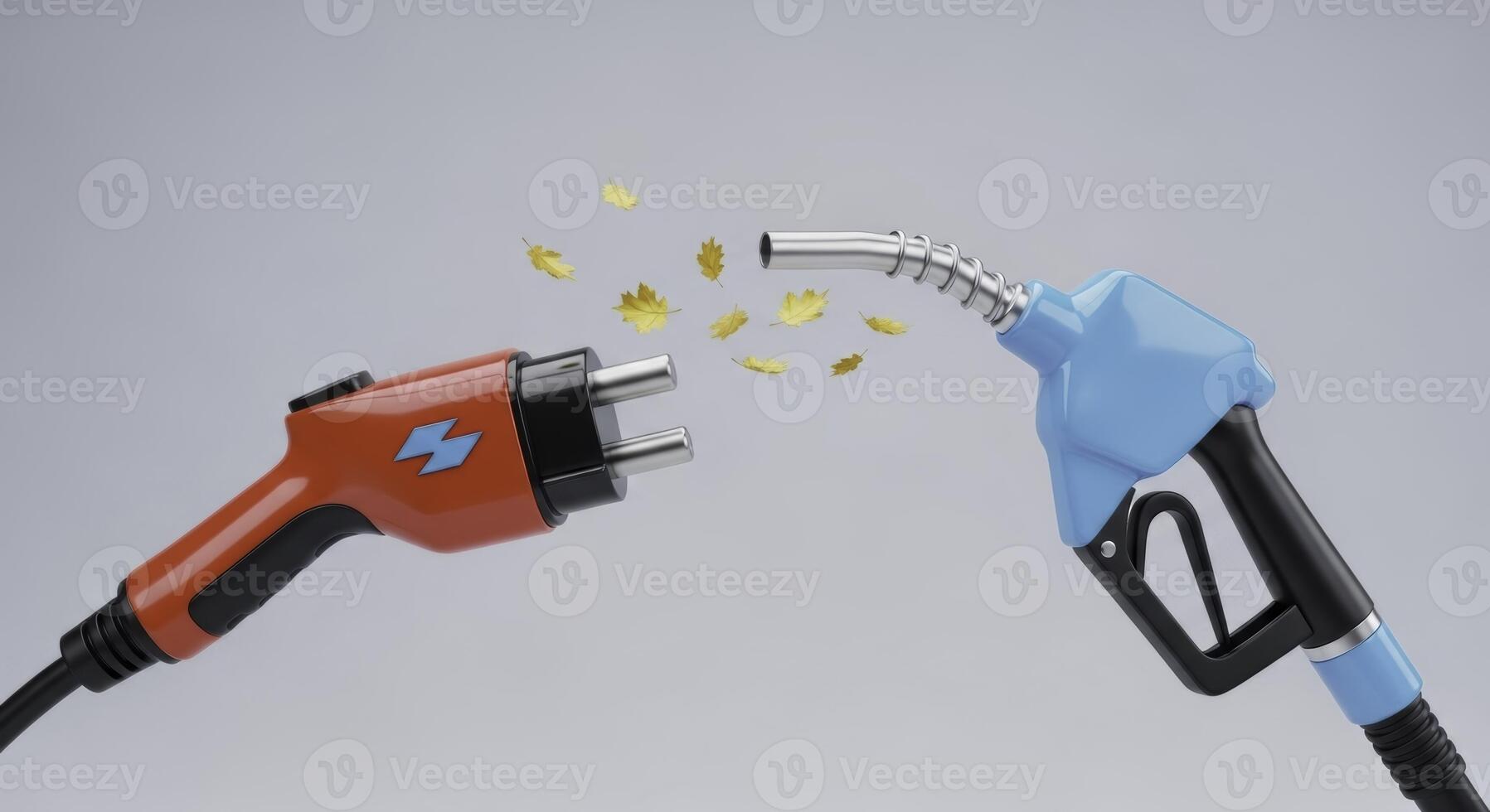 Electric vehicle charging plug and fuel nozzle symbolizing energy transition photo