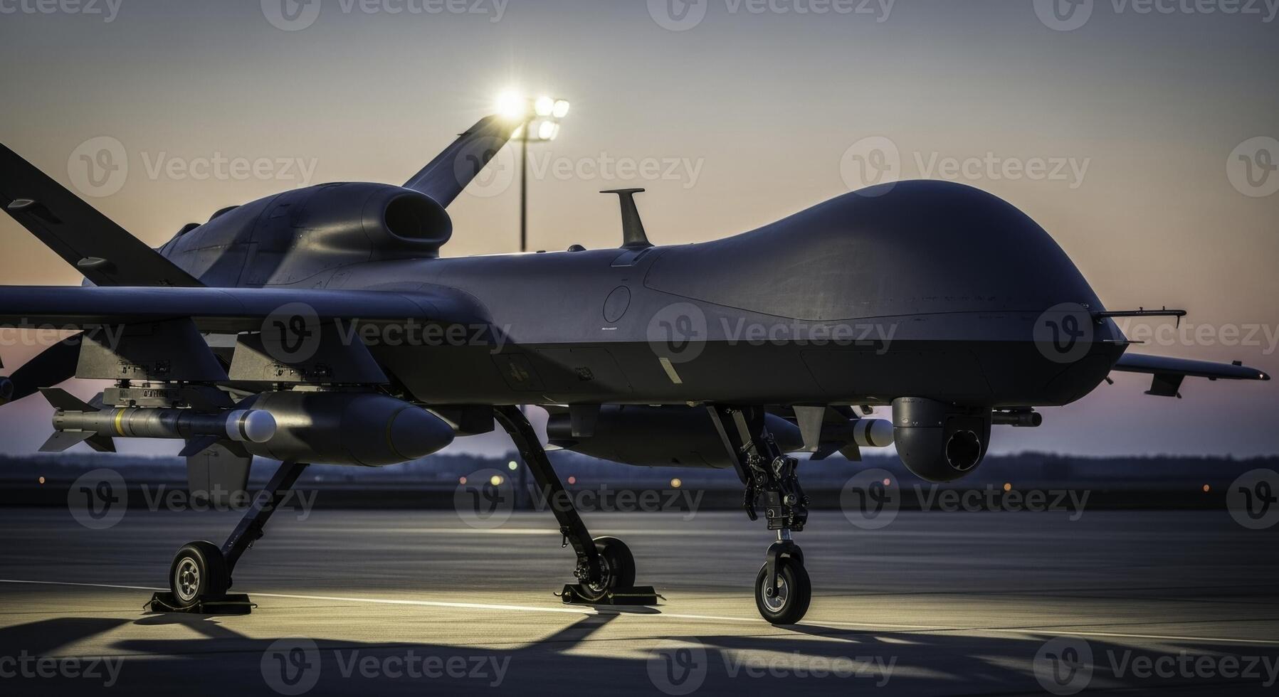 Advanced military drone with missiles on airfield at twilight photo