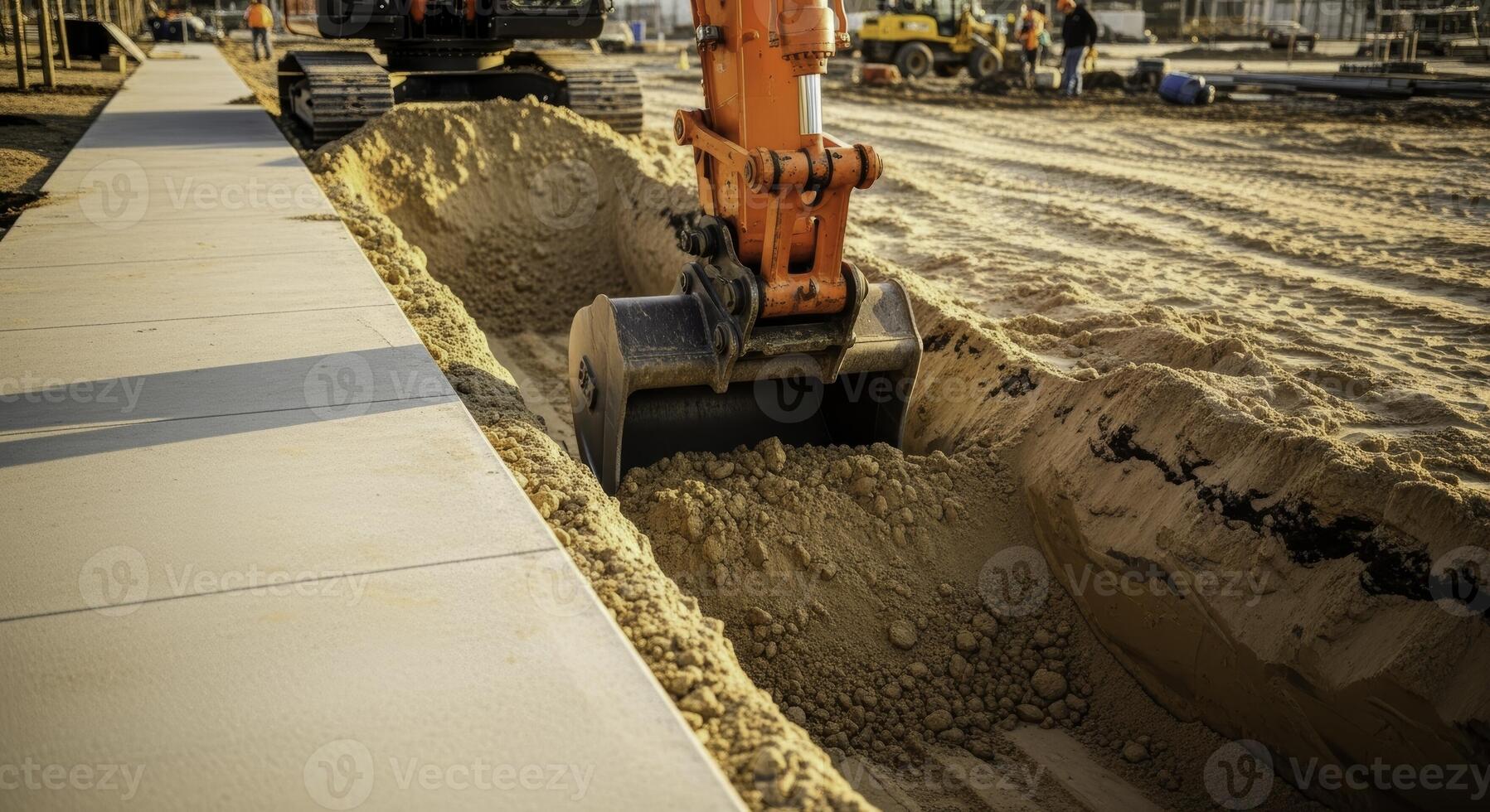 Vibrant orange excavator bucket digging a deep trench in sandy soil next to a concrete sidewalk at a construction site. photo