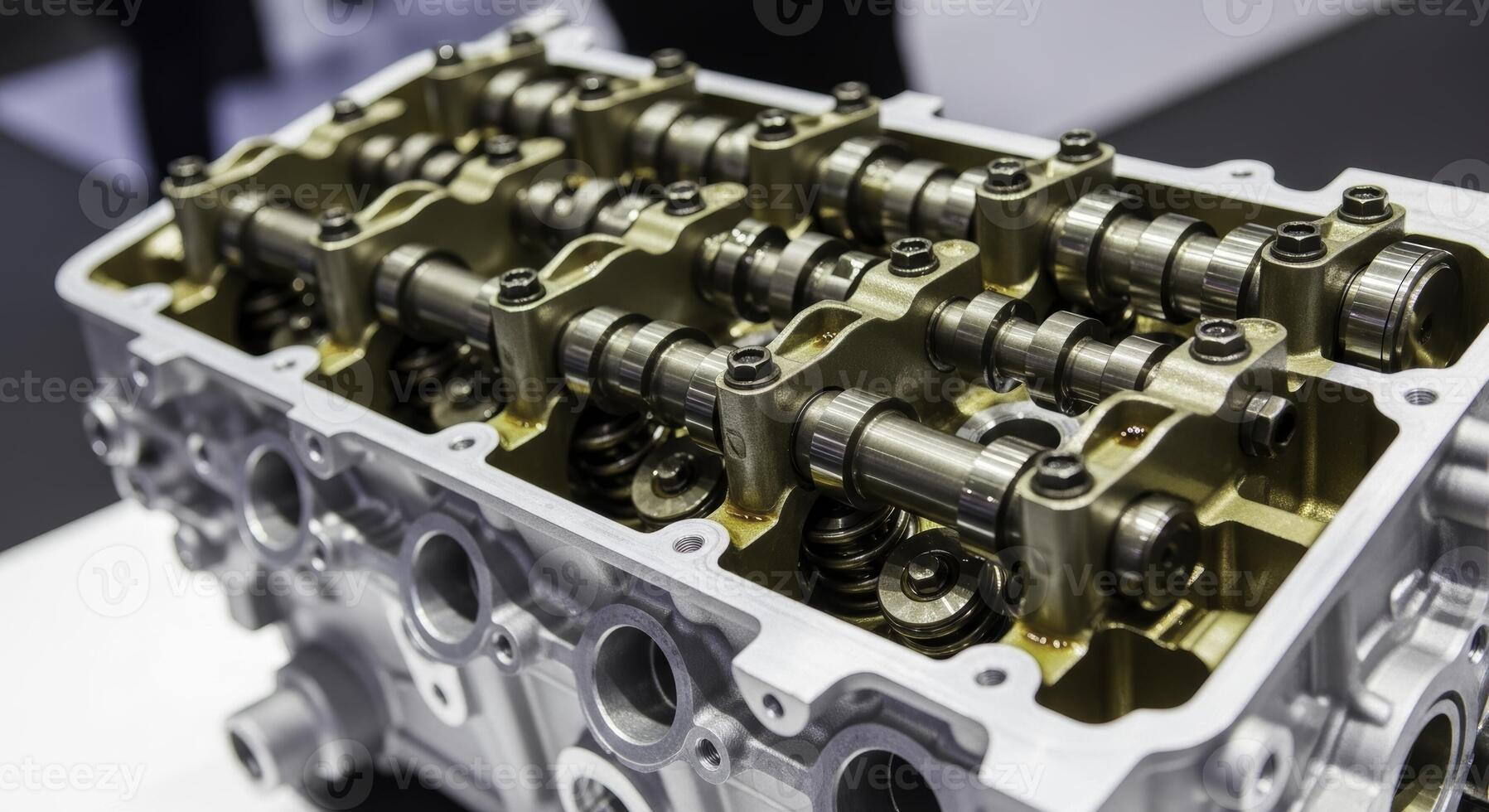 Detailed view of a disassembled car engine cylinder head with visible camshafts and valve train components photo