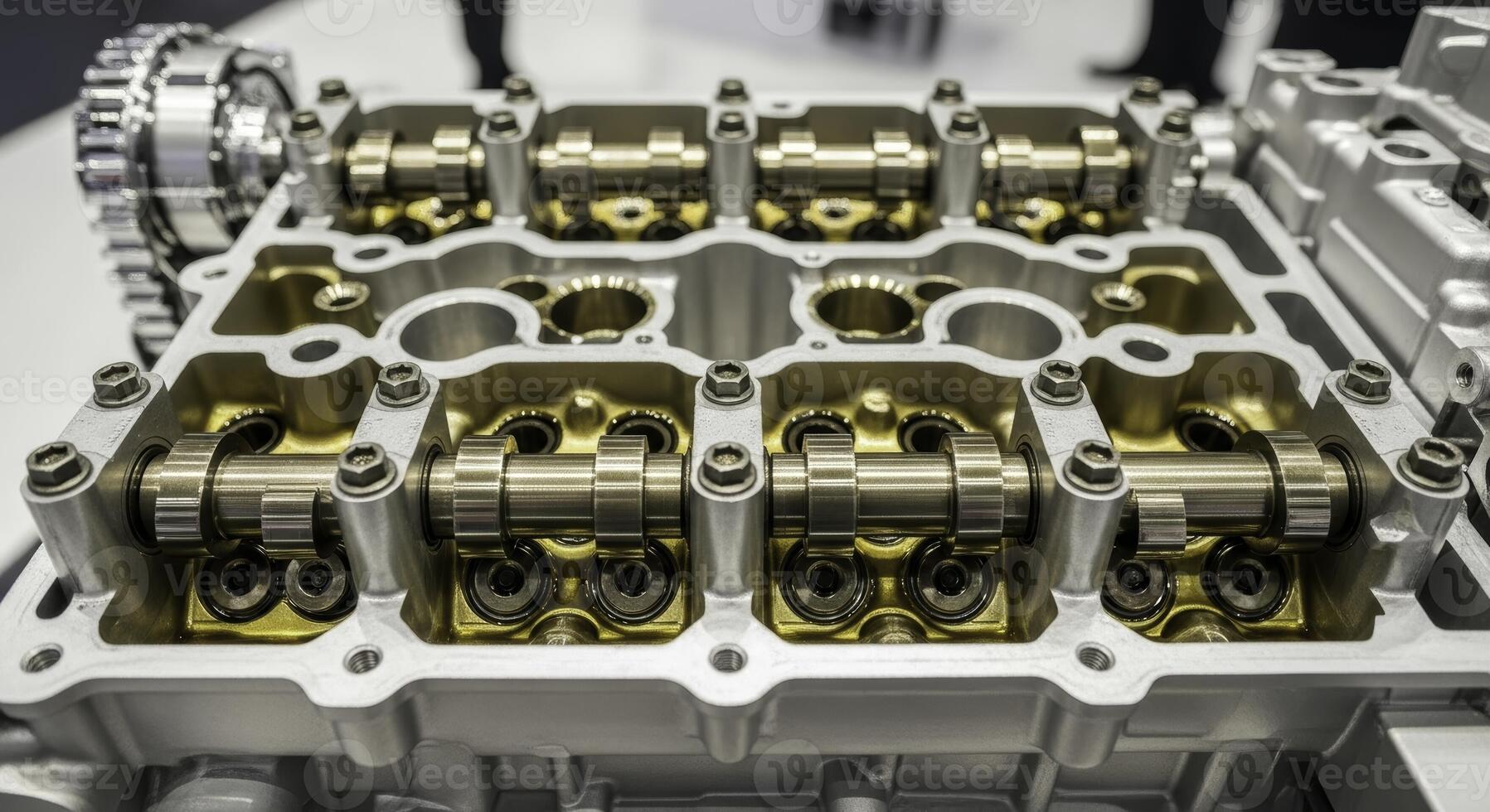 Detailed close up of a disassembled car engine cylinder head with camshafts and valves photo