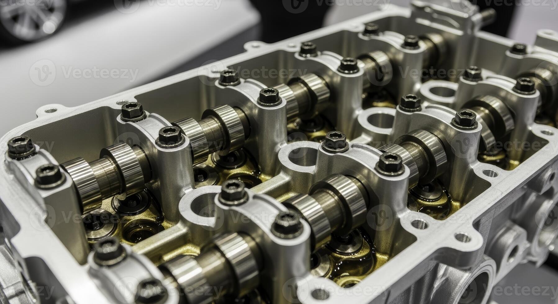 Detailed view of a disassembled car engine cylinder head with visible camshafts and valves photo