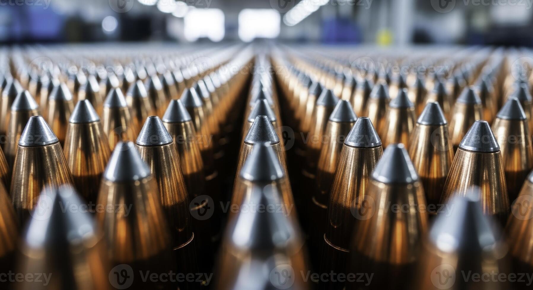 Rows of polished copper bullet projectiles with silver tips in a factory setting photo