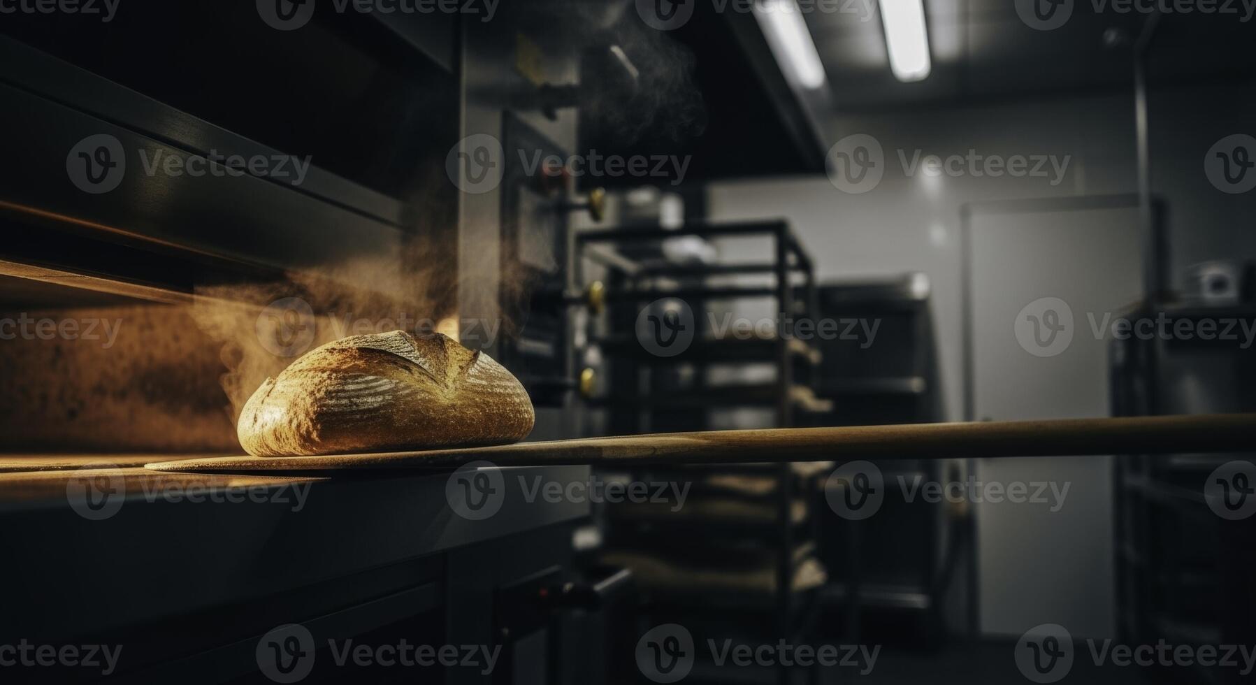 Freshly baked artisan sourdough loaf steaming hot in a commercial bakery oven photo