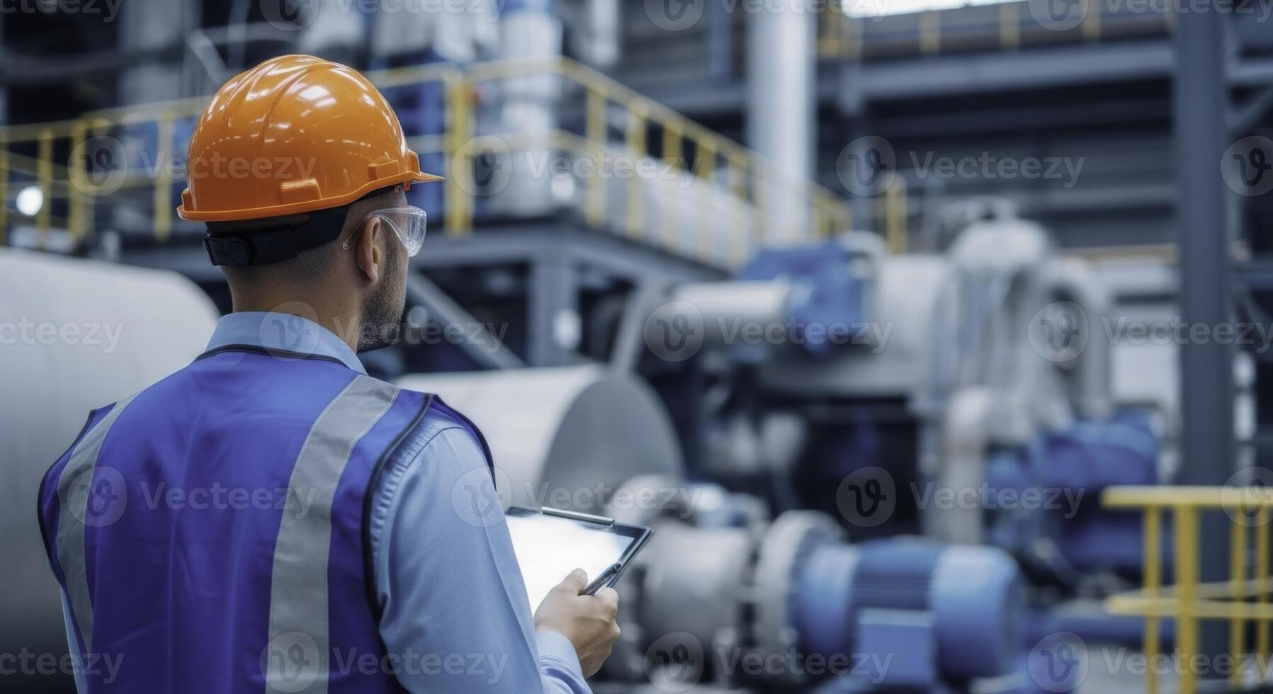 Professional male engineer in hard hat and safety vest using tablet in industrial factory photo