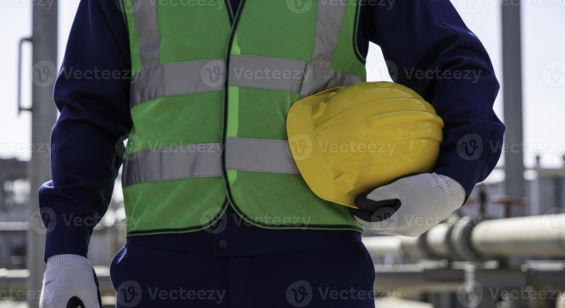 Industrial worker in safety vest and gloves holding yellow hard hat at facility photo